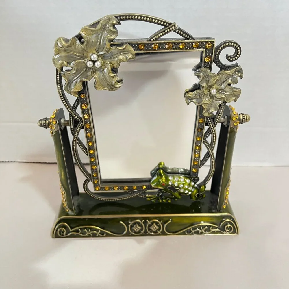 Ashleigh Manor Green Red Eye Frog Enameled Jeweled‎ Swivel Vanity Mirror